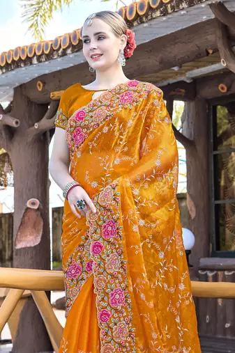 Siroski Resham Stone Embroidered Border Silk Saree In Mustard With Matching Blouse Piece