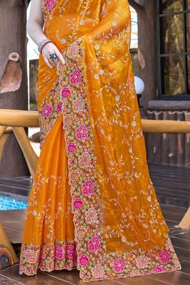 Siroski Resham Stone Embroidered Border Silk Saree In Mustard With Matching Blouse Piece 4