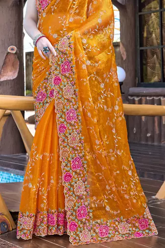 Siroski Resham Stone Embroidered Border Silk Saree In Mustard With Matching Blouse Piece
