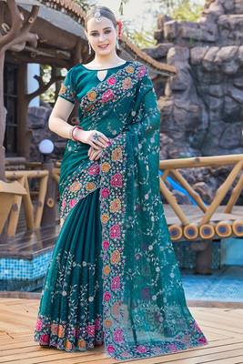 Siroski Resham Stone Embroidered Border Silk Saree In Teal Blue With Matching Blouse Piece 1