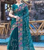 Siroski Resham Stone Embroidered Border Silk Saree In Teal Blue With Matching Blouse Piece
