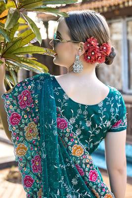 Siroski Resham Stone Embroidered Border Silk Saree In Teal Blue With Matching Blouse Piece 2