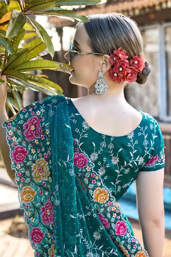 Siroski Resham Stone Embroidered Border Silk Saree In Teal Blue With Matching Blouse Piece