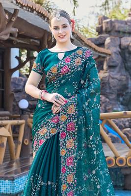 Siroski Resham Stone Embroidered Border Silk Saree In Teal Blue With Matching Blouse Piece 3