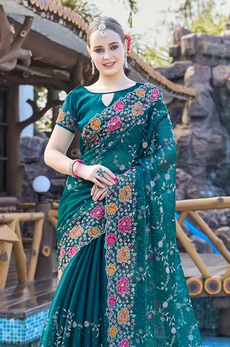 Siroski Resham Stone Embroidered Border Silk Saree In Teal Blue With Matching Blouse Piece