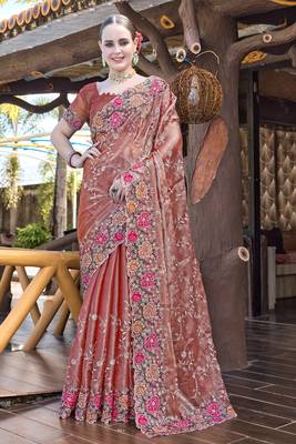 Siroski Resham Stone Embroidered Border Silk Saree In Peach With Matching Blouse Piece 1