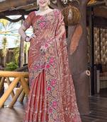 Siroski Resham Stone Embroidered Border Silk Saree In Peach With Matching Blouse Piece