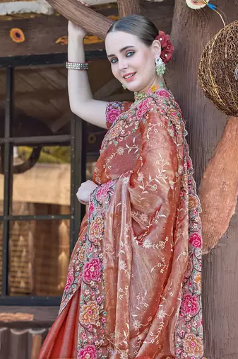 Siroski Resham Stone Embroidered Border Silk Saree In Peach With Matching Blouse Piece