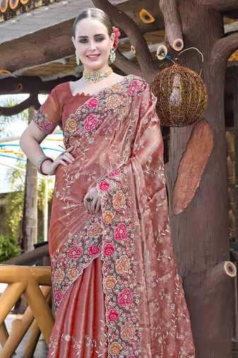 Siroski Resham Stone Embroidered Border Silk Saree In Peach With Matching Blouse Piece