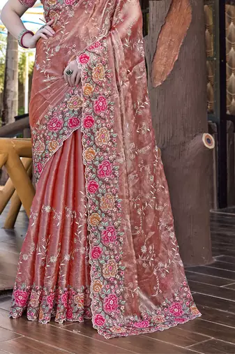 Siroski Resham Stone Embroidered Border Silk Saree In Peach With Matching Blouse Piece