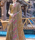 Siroski Resham Stone Embroidered Border Silk Saree In Brown With Matching Blouse Piece