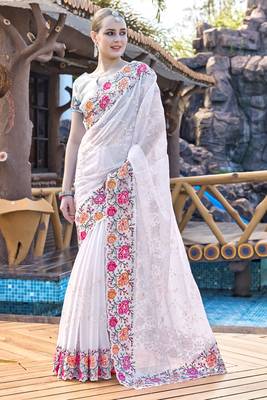 Siroski Resham Stone Embroidered Border Silk Saree In White With Matching Blouse Piece 1
