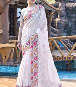 Siroski Resham Stone Embroidered Border Silk Saree In White With Matching Blouse Piece