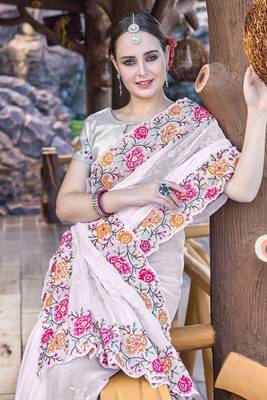 Siroski Resham Stone Embroidered Border Silk Saree In White With Matching Blouse Piece 2