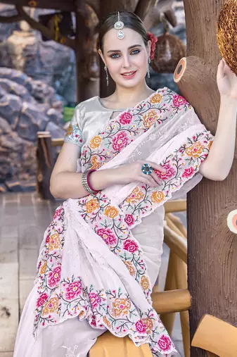 Siroski Resham Stone Embroidered Border Silk Saree In White With Matching Blouse Piece