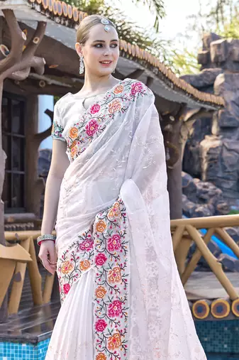 Siroski Resham Stone Embroidered Border Silk Saree In White With Matching Blouse Piece