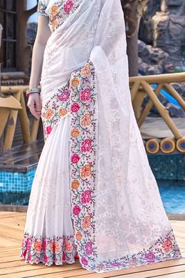 Siroski Resham Stone Embroidered Border Silk Saree In White With Matching Blouse Piece 4