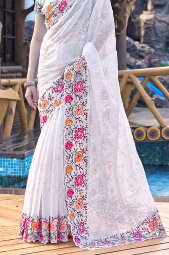 Siroski Resham Stone Embroidered Border Silk Saree In White With Matching Blouse Piece
