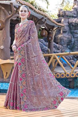 Siroski Resham Stone Embroidered Border Silk Saree In Lavender With Matching Blouse Piece 1