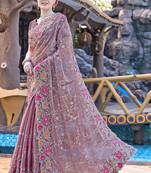 Siroski Resham Stone Embroidered Border Silk Saree In Lavender With Matching Blouse Piece