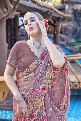 Siroski Resham Stone Embroidered Border Silk Saree In Lavender With Matching Blouse Piece 2