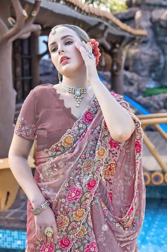 Siroski Resham Stone Embroidered Border Silk Saree In Lavender With Matching Blouse Piece