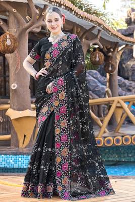 Siroski Resham Stone Embroidered Border Silk Saree In Black With Matching Blouse Piece 1