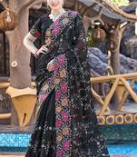 Siroski Resham Stone Embroidered Border Silk Saree In Black With Matching Blouse Piece