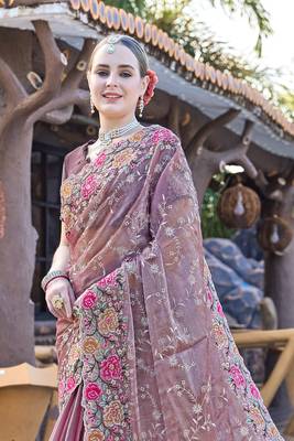 Siroski Resham Stone Embroidered Border Silk Saree In Lavender With Matching Blouse Piece 3