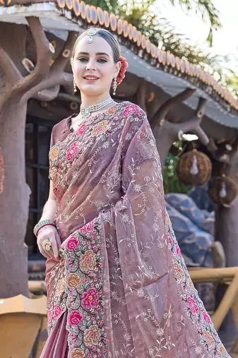 Siroski Resham Stone Embroidered Border Silk Saree In Lavender With Matching Blouse Piece