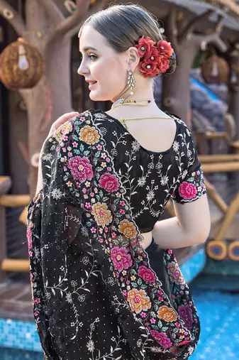 Siroski Resham Stone Embroidered Border Silk Saree In Black With Matching Blouse Piece