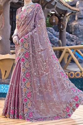 Siroski Resham Stone Embroidered Border Silk Saree In Lavender With Matching Blouse Piece 4