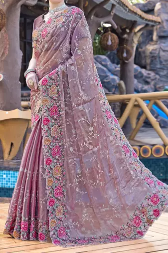 Siroski Resham Stone Embroidered Border Silk Saree In Lavender With Matching Blouse Piece