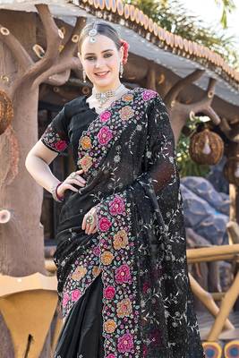 Siroski Resham Stone Embroidered Border Silk Saree In Black With Matching Blouse Piece 3