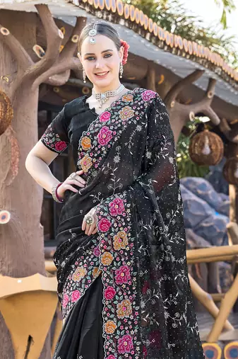Siroski Resham Stone Embroidered Border Silk Saree In Black With Matching Blouse Piece