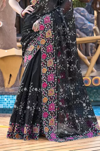 Siroski Resham Stone Embroidered Border Silk Saree In Black With Matching Blouse Piece