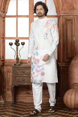 white cotton linen floral printed kurta pyjama set 1