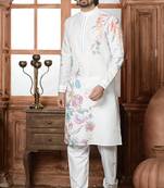 white cotton linen floral printed kurta pyjama set