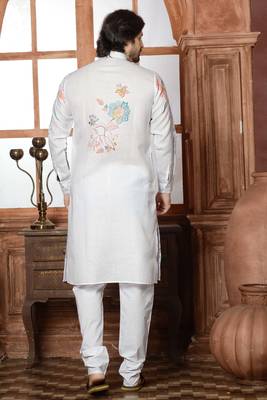 white cotton linen floral printed kurta pyjama set 3
