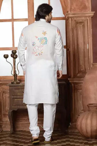 white cotton linen floral printed kurta pyjama set