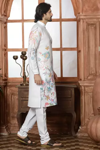 white cotton linen floral printed kurta pyjama set