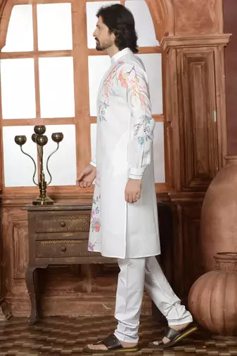 white cotton linen floral printed kurta pyjama set