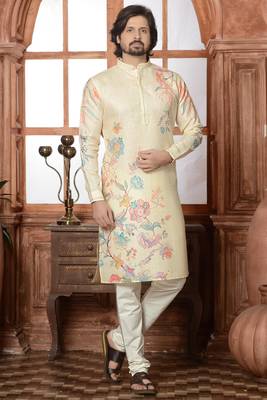 beige cotton linen floral printed kurta pyjama set 1