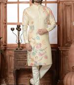 beige cotton linen floral printed kurta pyjama set