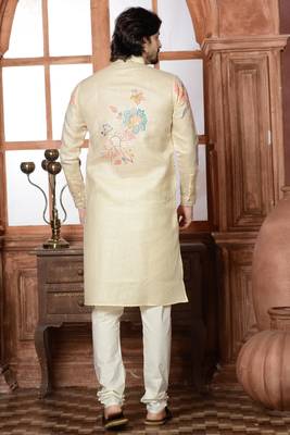 beige cotton linen floral printed kurta pyjama set 3