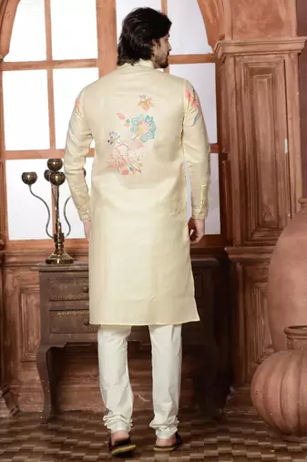 beige cotton linen floral printed kurta pyjama set