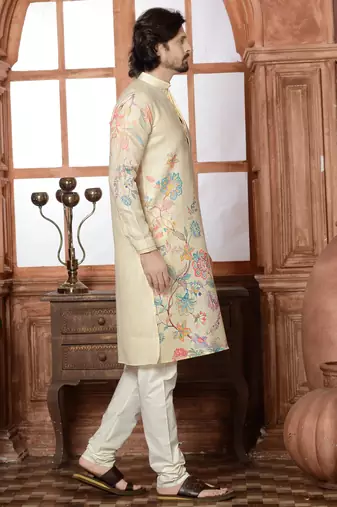 beige cotton linen floral printed kurta pyjama set