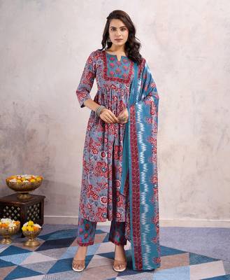  blue cotton blend floral & leaf printed flared kurta with pant & dupatta 1