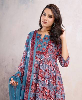  blue cotton blend floral & leaf printed flared kurta with pant & dupatta 2