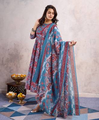  blue cotton blend floral & leaf printed flared kurta with pant & dupatta 4